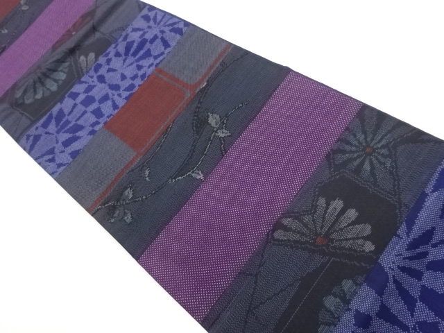JAPANESE KIMONO / HORIZONTAL-STRIPED CUT-AND-SEW OBI / FLORAL / LEAF P